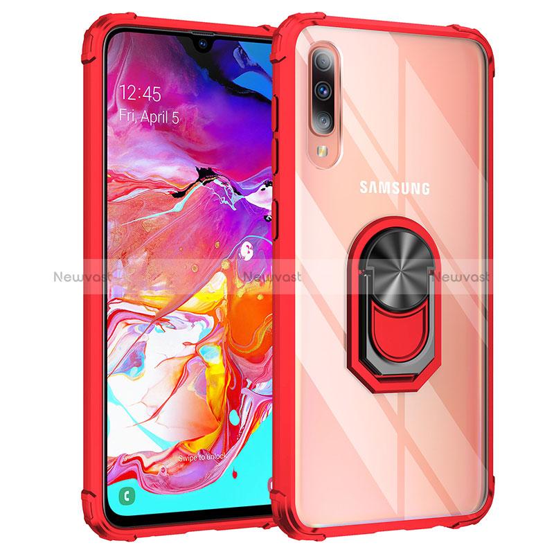 Silicone Matte Finish and Plastic Back Cover Case with Magnetic Finger Ring Stand MQ2 for Samsung Galaxy A70S Red