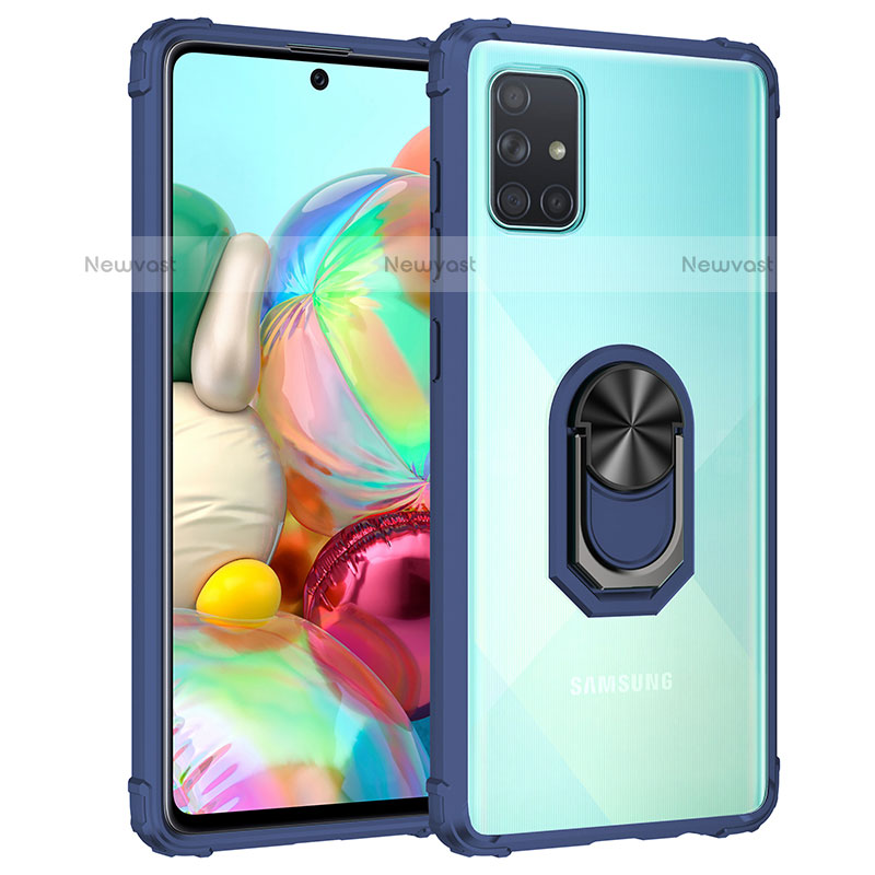 Silicone Matte Finish and Plastic Back Cover Case with Magnetic Finger Ring Stand MQ2 for Samsung Galaxy A71 4G A715 Blue