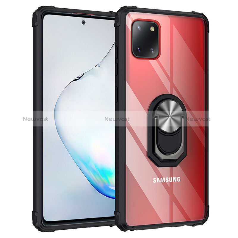 Silicone Matte Finish and Plastic Back Cover Case with Magnetic Finger Ring Stand MQ2 for Samsung Galaxy A81 Silver and Black