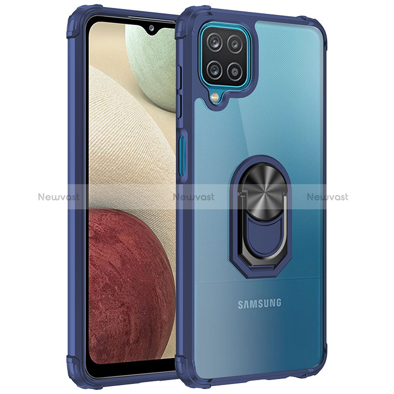 Silicone Matte Finish and Plastic Back Cover Case with Magnetic Finger Ring Stand MQ2 for Samsung Galaxy M12 Blue