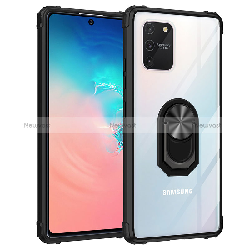 Silicone Matte Finish and Plastic Back Cover Case with Magnetic Finger Ring Stand MQ2 for Samsung Galaxy S10 Lite Black