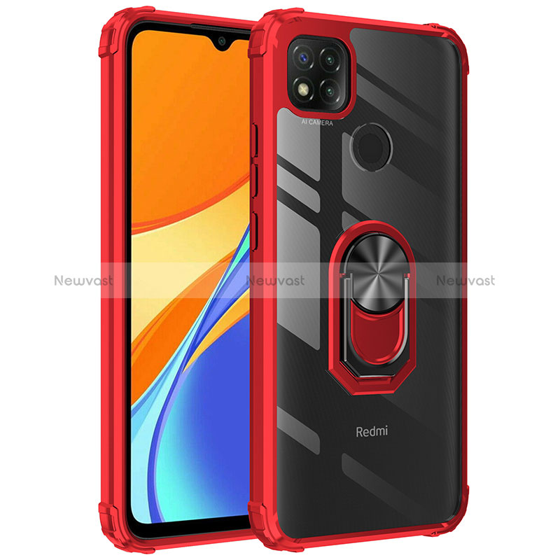 Silicone Matte Finish and Plastic Back Cover Case with Magnetic Finger Ring Stand MQ2 for Xiaomi POCO C3 Red