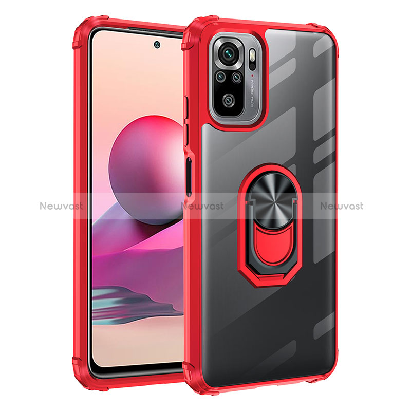 Silicone Matte Finish and Plastic Back Cover Case with Magnetic Finger Ring Stand MQ2 for Xiaomi Poco M5S Red