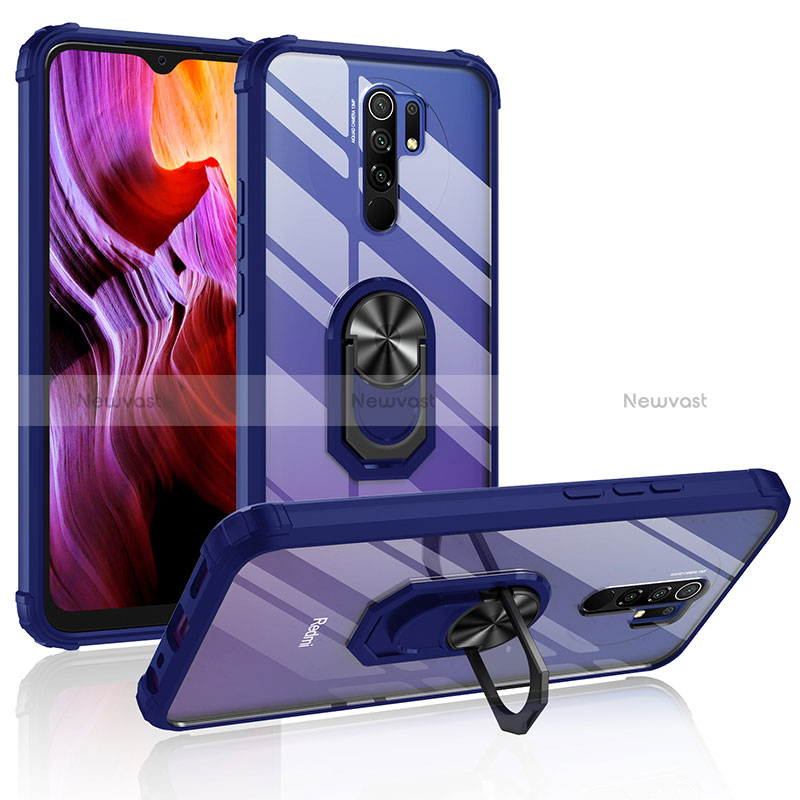 Silicone Matte Finish and Plastic Back Cover Case with Magnetic Finger Ring Stand MQ2 for Xiaomi Redmi 9 Blue