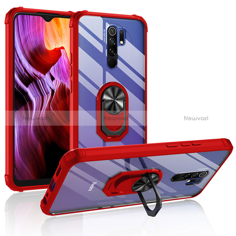Silicone Matte Finish and Plastic Back Cover Case with Magnetic Finger Ring Stand MQ2 for Xiaomi Redmi 9 Red