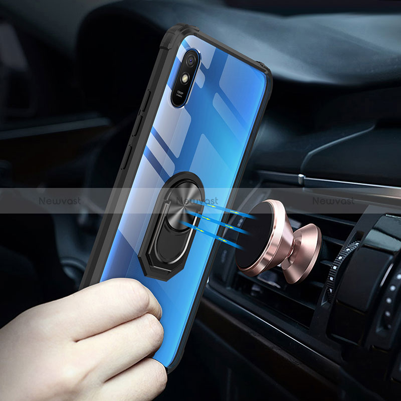 Silicone Matte Finish and Plastic Back Cover Case with Magnetic Finger Ring Stand MQ2 for Xiaomi Redmi 9A