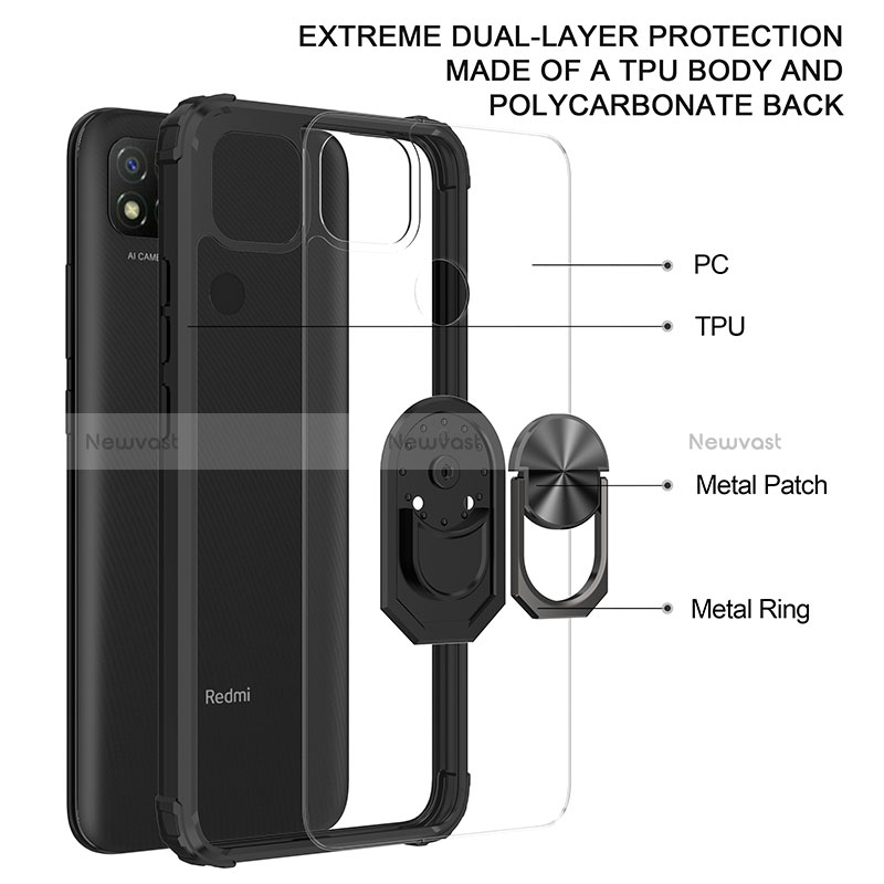 Silicone Matte Finish and Plastic Back Cover Case with Magnetic Finger Ring Stand MQ2 for Xiaomi Redmi 9C NFC