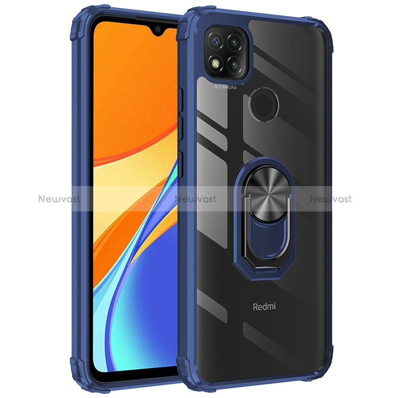 Silicone Matte Finish and Plastic Back Cover Case with Magnetic Finger Ring Stand MQ2 for Xiaomi Redmi 9C NFC Blue