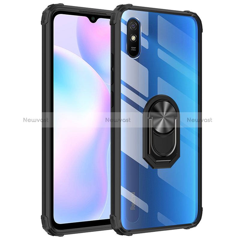 Silicone Matte Finish and Plastic Back Cover Case with Magnetic Finger Ring Stand MQ2 for Xiaomi Redmi 9i Black