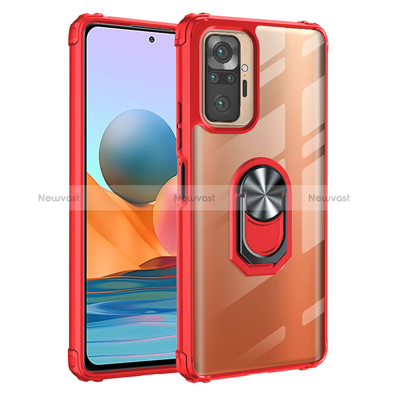 Silicone Matte Finish and Plastic Back Cover Case with Magnetic Finger Ring Stand MQ2 for Xiaomi Redmi Note 10 Pro Max Red