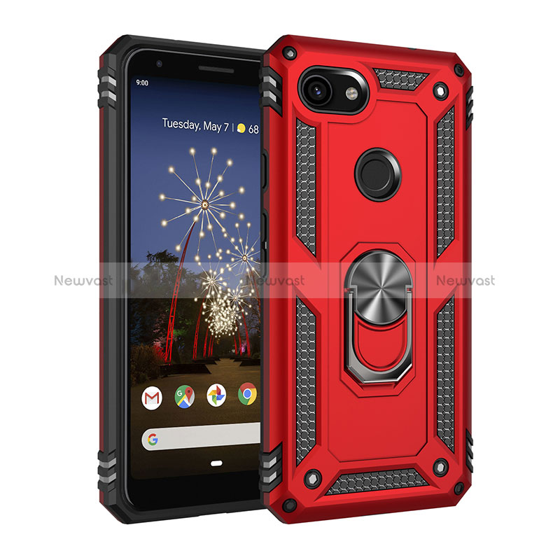 Silicone Matte Finish and Plastic Back Cover Case with Magnetic Finger Ring Stand MQ3 for Google Pixel 3a XL Red