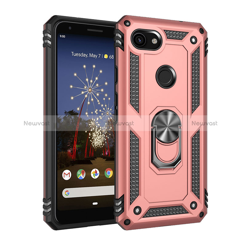 Silicone Matte Finish and Plastic Back Cover Case with Magnetic Finger Ring Stand MQ3 for Google Pixel 3a XL Rose Gold