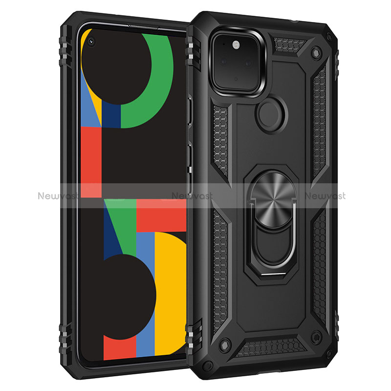 Silicone Matte Finish and Plastic Back Cover Case with Magnetic Finger Ring Stand MQ3 for Google Pixel 4a 5G