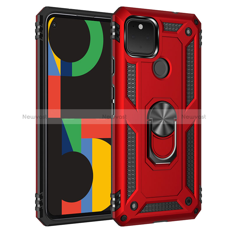 Silicone Matte Finish and Plastic Back Cover Case with Magnetic Finger Ring Stand MQ3 for Google Pixel 4a 5G