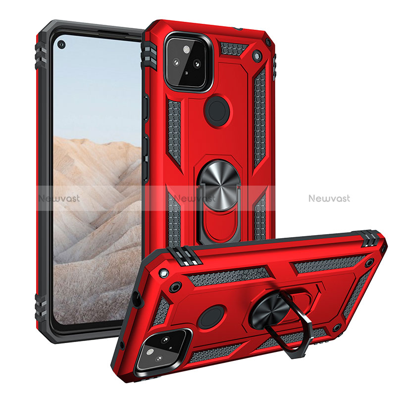 Silicone Matte Finish and Plastic Back Cover Case with Magnetic Finger Ring Stand MQ3 for Google Pixel 5a 5G Red