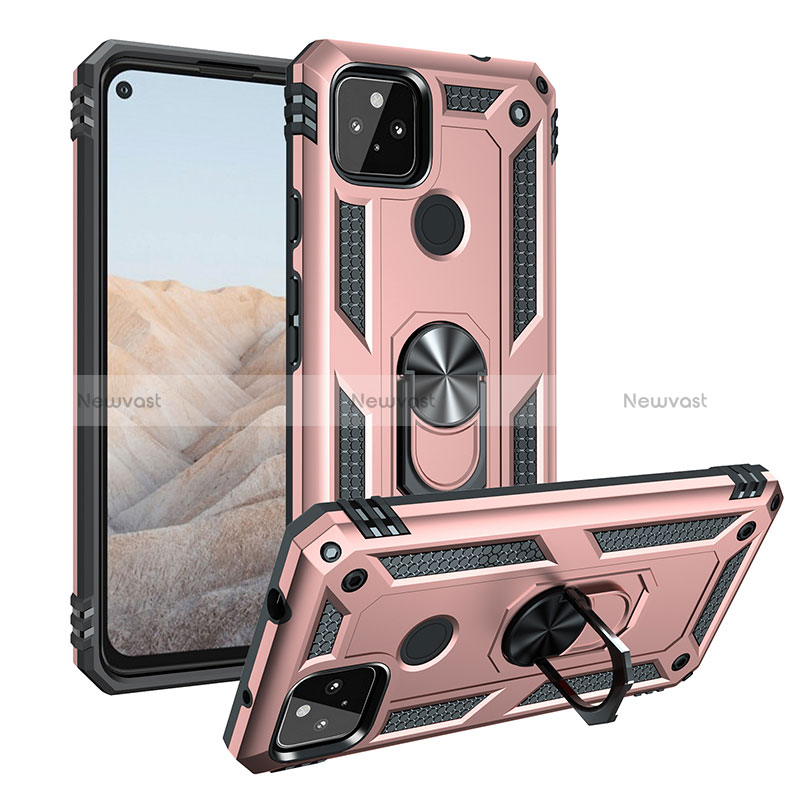 Silicone Matte Finish and Plastic Back Cover Case with Magnetic Finger Ring Stand MQ3 for Google Pixel 5a 5G Rose Gold