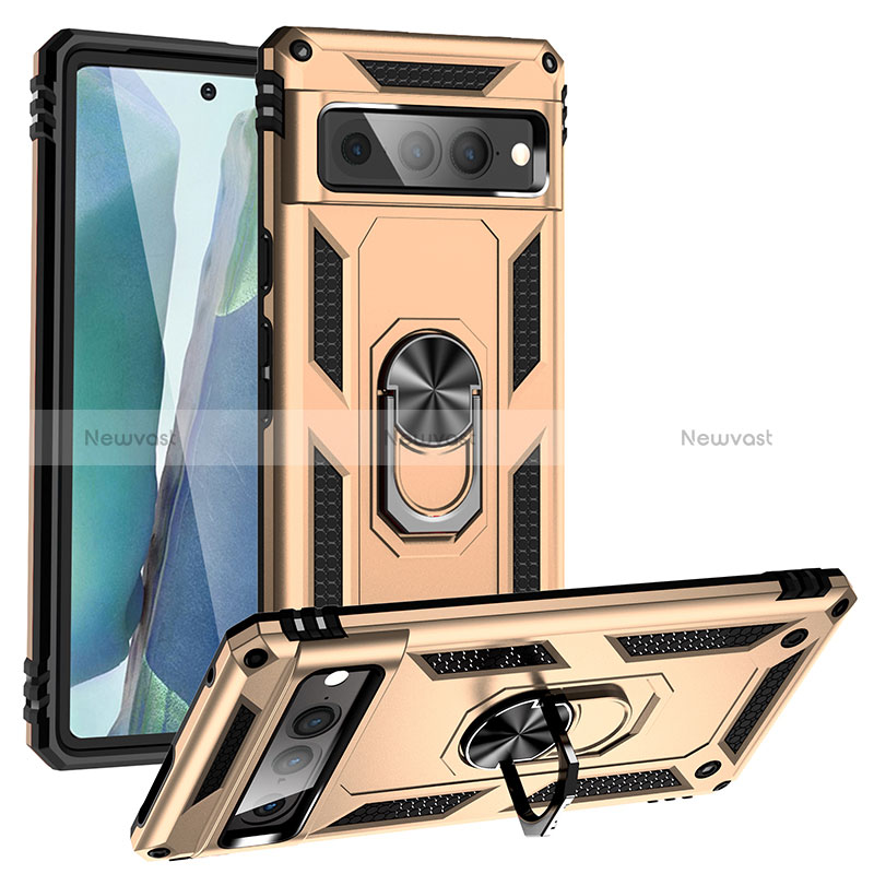 Silicone Matte Finish and Plastic Back Cover Case with Magnetic Finger Ring Stand MQ3 for Google Pixel 7 Pro 5G Gold