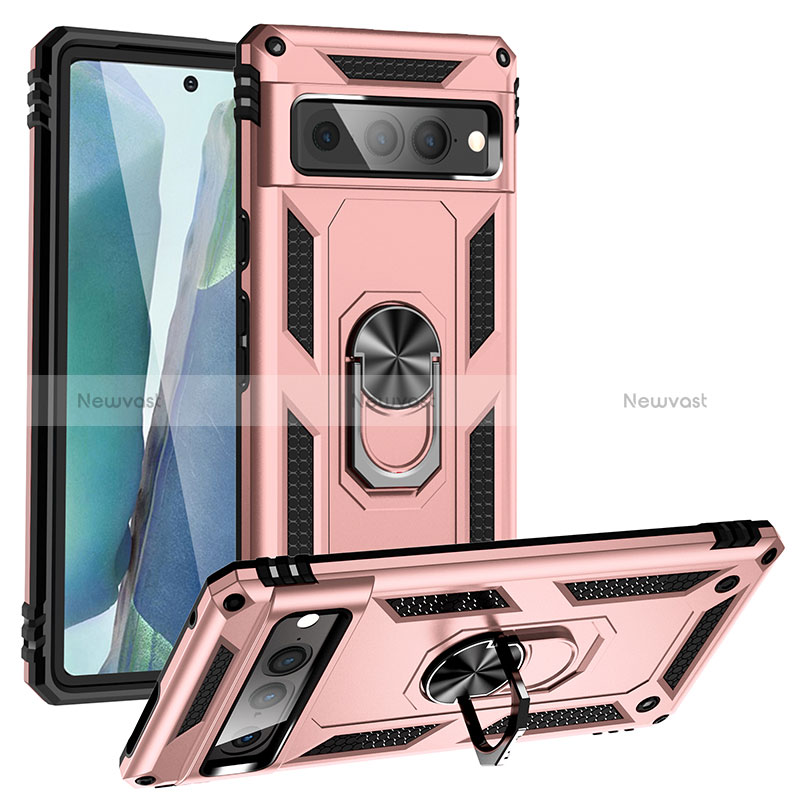 Silicone Matte Finish and Plastic Back Cover Case with Magnetic Finger Ring Stand MQ3 for Google Pixel 7 Pro 5G Rose Gold