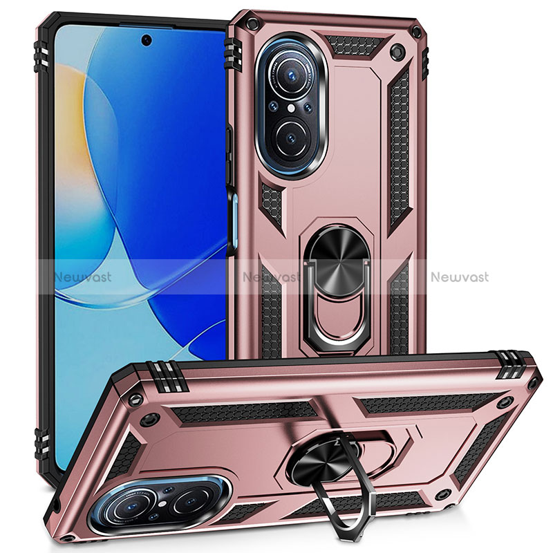 Silicone Matte Finish and Plastic Back Cover Case with Magnetic Finger Ring Stand MQ3 for Huawei Honor 50 SE 5G Rose Gold