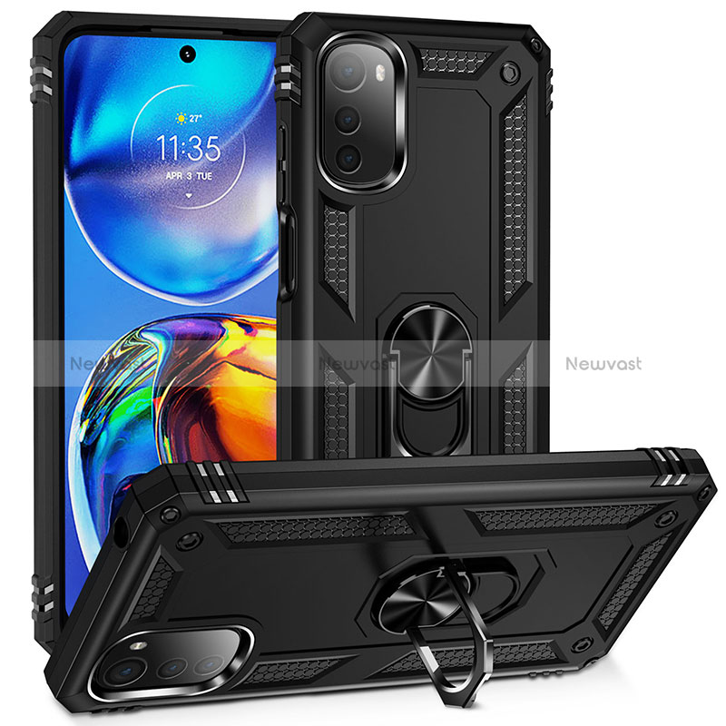 Silicone Matte Finish and Plastic Back Cover Case with Magnetic Finger Ring Stand MQ3 for Motorola Moto E32 Black