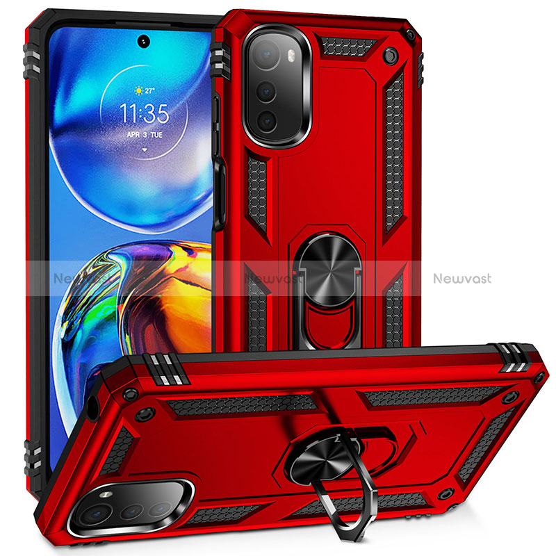 Silicone Matte Finish and Plastic Back Cover Case with Magnetic Finger Ring Stand MQ3 for Motorola Moto E32 Red