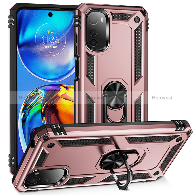 Silicone Matte Finish and Plastic Back Cover Case with Magnetic Finger Ring Stand MQ3 for Motorola Moto E32 Rose Gold