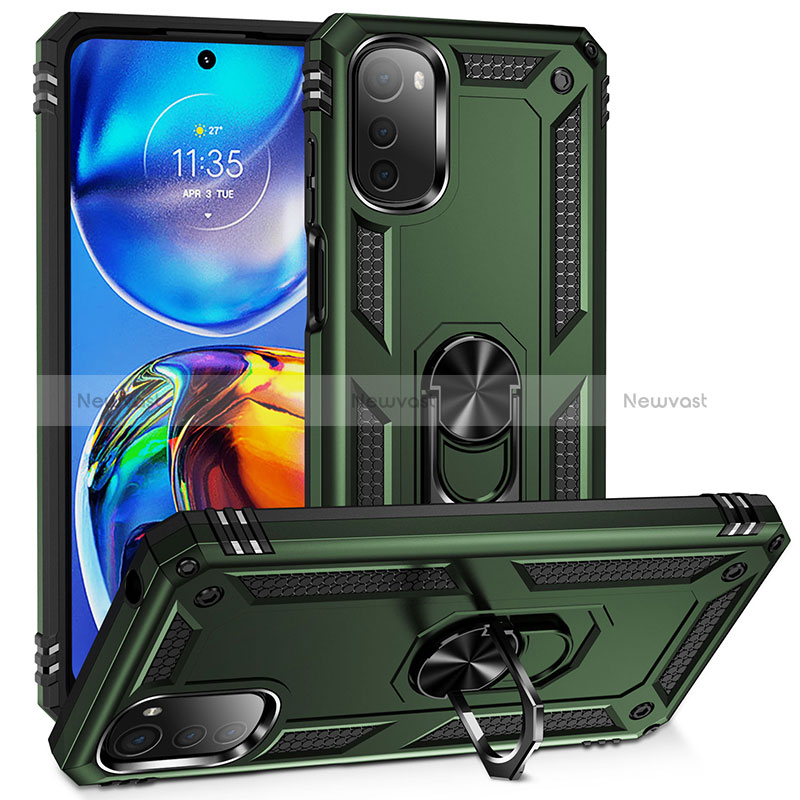 Silicone Matte Finish and Plastic Back Cover Case with Magnetic Finger Ring Stand MQ3 for Motorola Moto E32s Green