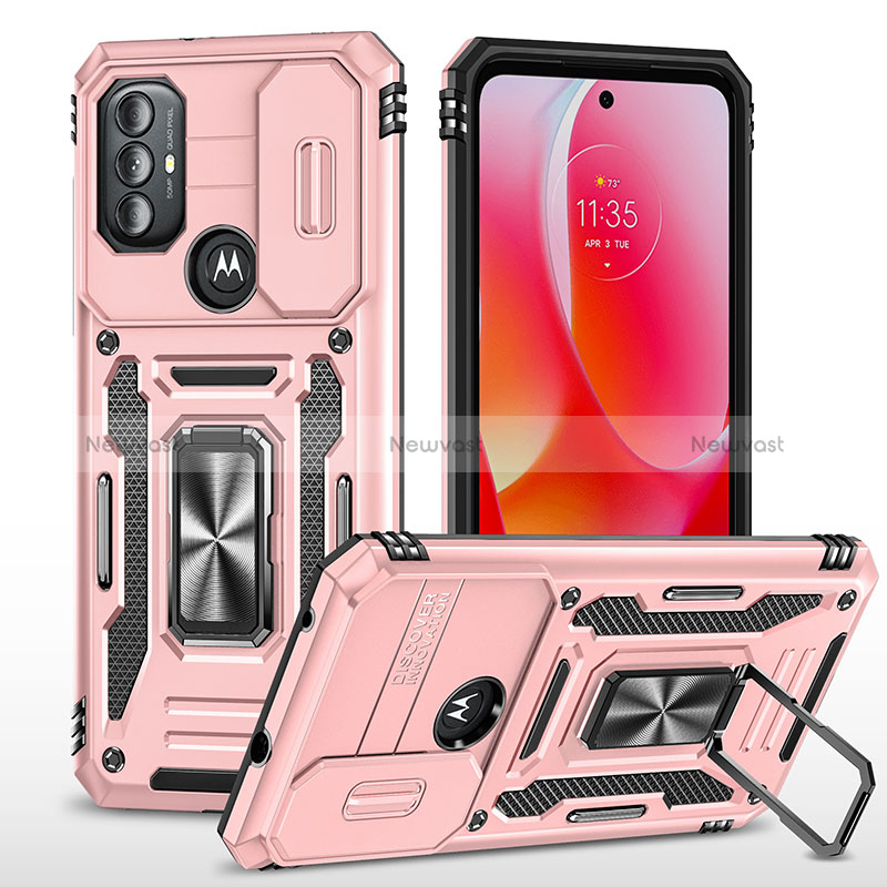 Silicone Matte Finish and Plastic Back Cover Case with Magnetic Finger Ring Stand MQ3 for Motorola Moto G Play (2023) Rose Gold