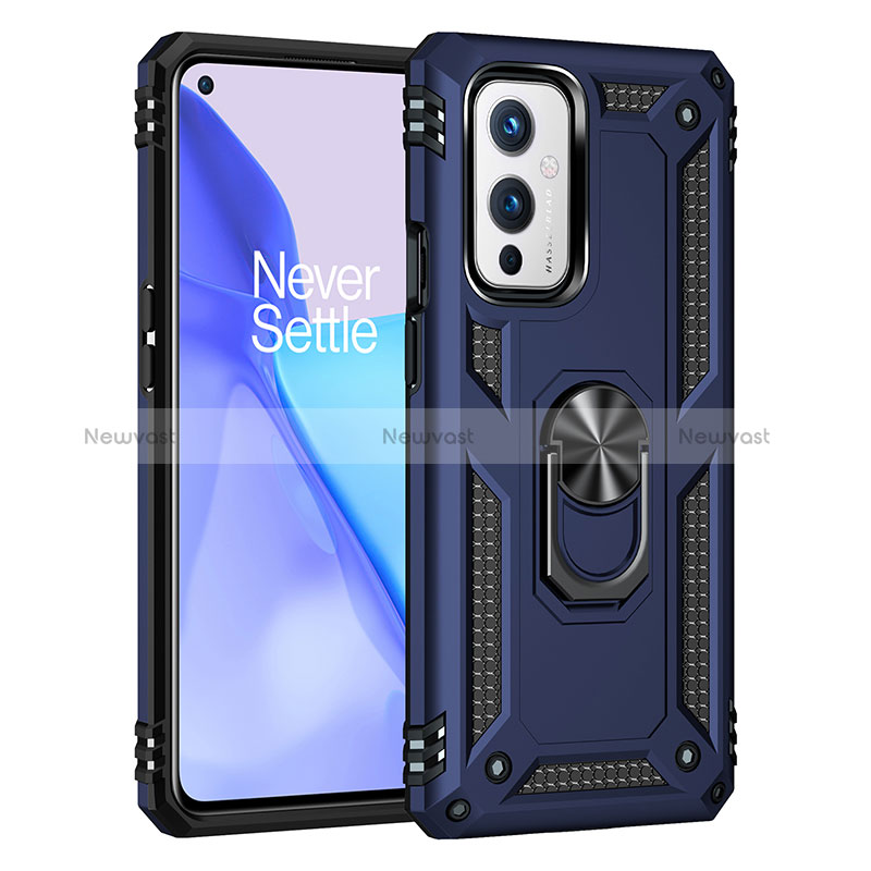 Silicone Matte Finish and Plastic Back Cover Case with Magnetic Finger Ring Stand MQ3 for OnePlus 9 5G