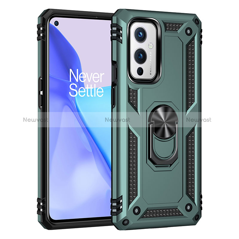 Silicone Matte Finish and Plastic Back Cover Case with Magnetic Finger Ring Stand MQ3 for OnePlus 9 5G