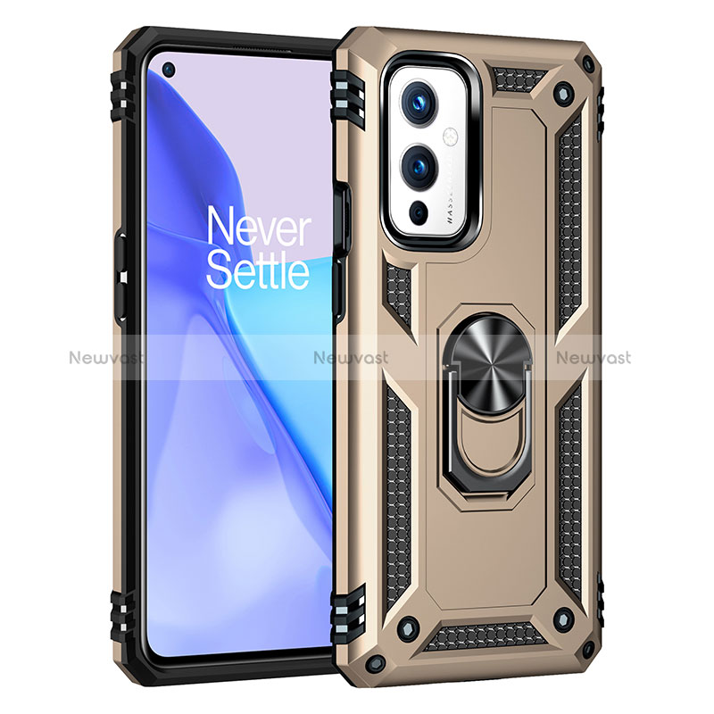 Silicone Matte Finish and Plastic Back Cover Case with Magnetic Finger Ring Stand MQ3 for OnePlus 9 5G