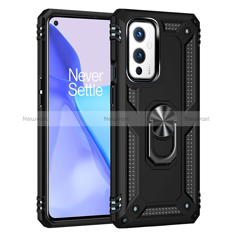 Silicone Matte Finish and Plastic Back Cover Case with Magnetic Finger Ring Stand MQ3 for OnePlus 9 5G Black