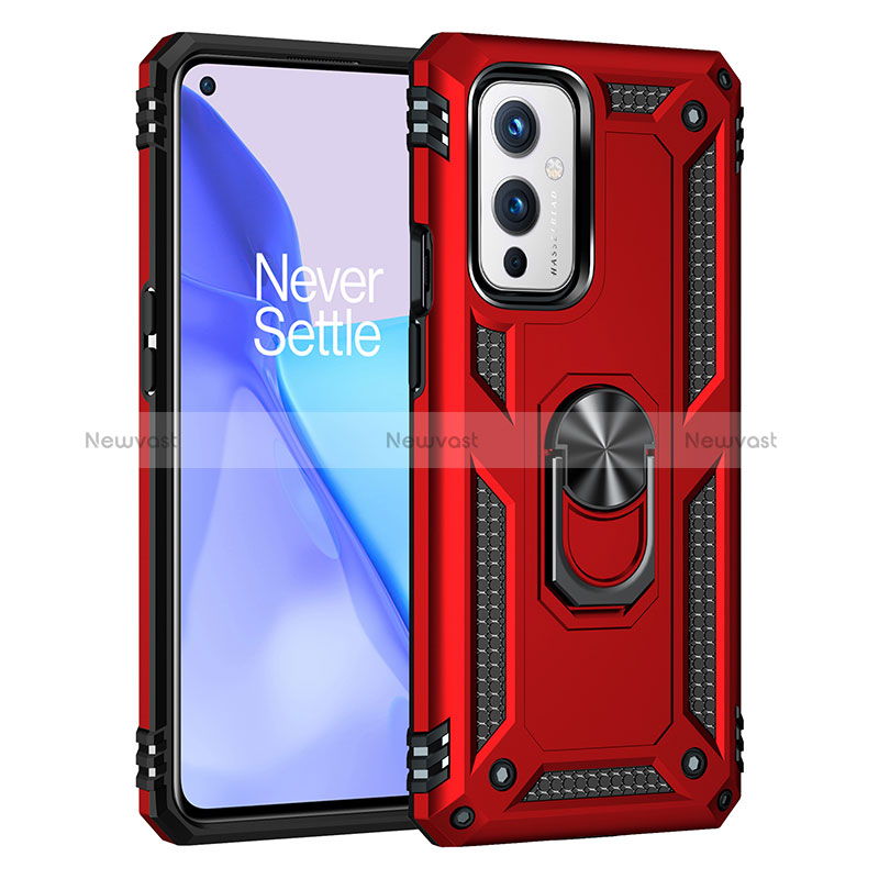 Silicone Matte Finish and Plastic Back Cover Case with Magnetic Finger Ring Stand MQ3 for OnePlus 9 5G Red