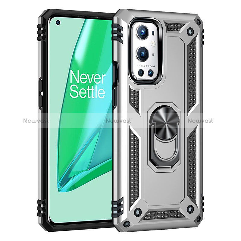 Silicone Matte Finish and Plastic Back Cover Case with Magnetic Finger Ring Stand MQ3 for OnePlus 9 Pro 5G