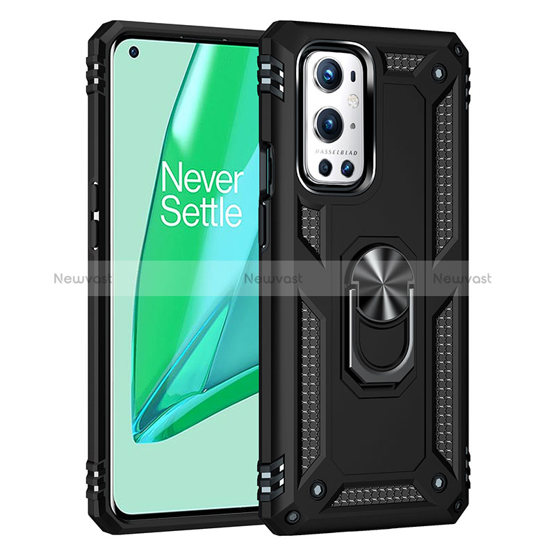 Silicone Matte Finish and Plastic Back Cover Case with Magnetic Finger Ring Stand MQ3 for OnePlus 9 Pro 5G Black