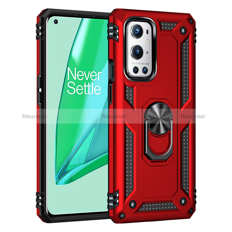 Silicone Matte Finish and Plastic Back Cover Case with Magnetic Finger Ring Stand MQ3 for OnePlus 9 Pro 5G Red