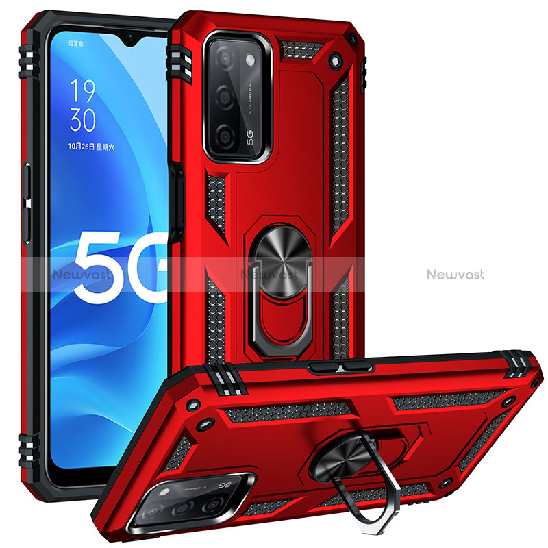 Silicone Matte Finish and Plastic Back Cover Case with Magnetic Finger Ring Stand MQ3 for Oppo A53s 5G Red
