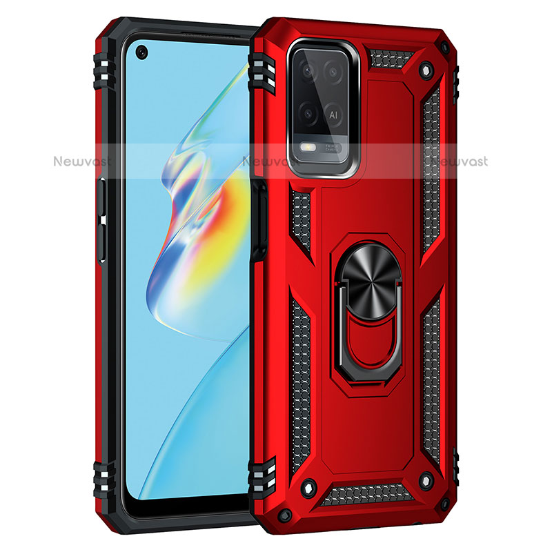 Silicone Matte Finish and Plastic Back Cover Case with Magnetic Finger Ring Stand MQ3 for Oppo A54 4G Red