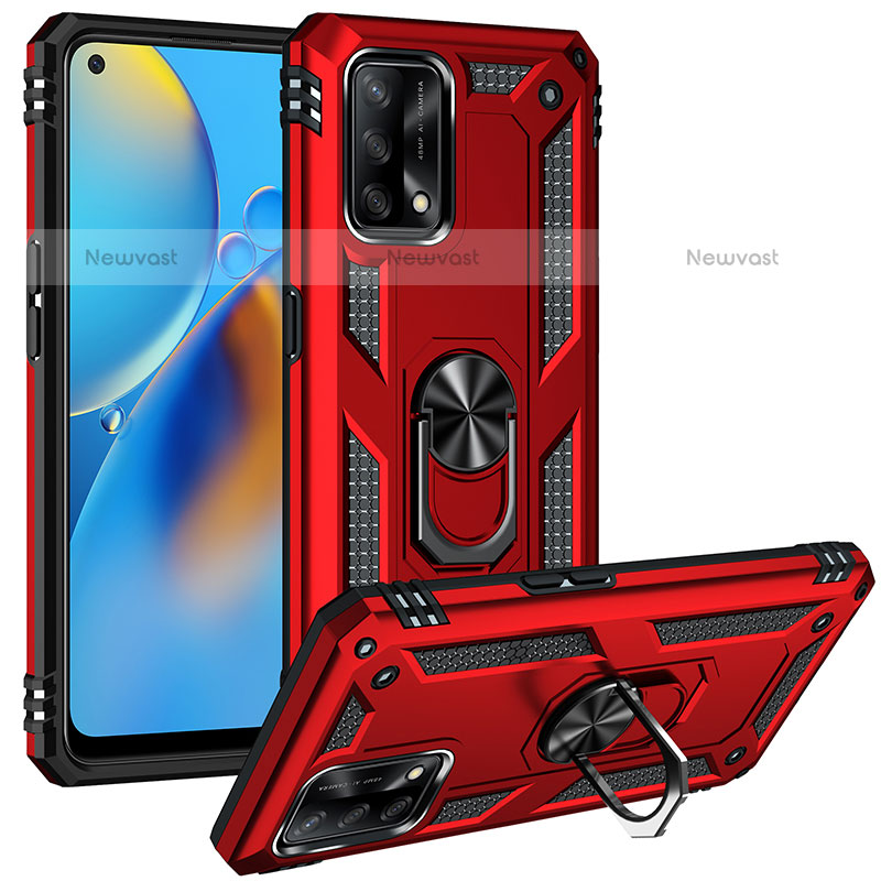 Silicone Matte Finish and Plastic Back Cover Case with Magnetic Finger Ring Stand MQ3 for Oppo A74 4G Red