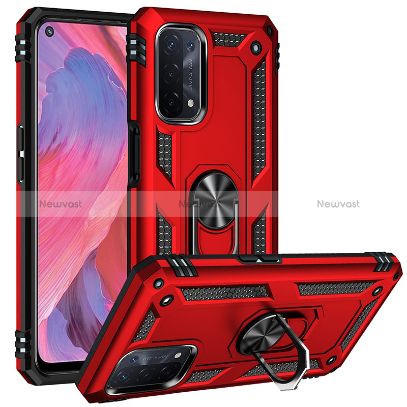 Silicone Matte Finish and Plastic Back Cover Case with Magnetic Finger Ring Stand MQ3 for Oppo A74 5G Red