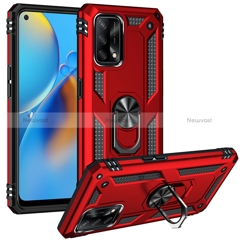 Silicone Matte Finish and Plastic Back Cover Case with Magnetic Finger Ring Stand MQ3 for Oppo A95 4G Red