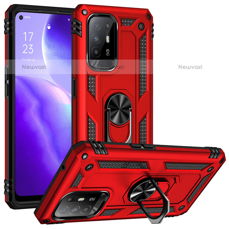 Silicone Matte Finish and Plastic Back Cover Case with Magnetic Finger Ring Stand MQ3 for Oppo A95 5G Red