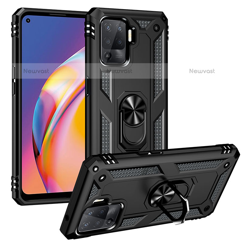 Silicone Matte Finish and Plastic Back Cover Case with Magnetic Finger Ring Stand MQ3 for Oppo F19 Pro Black