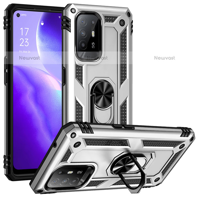 Silicone Matte Finish and Plastic Back Cover Case with Magnetic Finger Ring Stand MQ3 for Oppo F19 Pro+ Plus 5G Silver