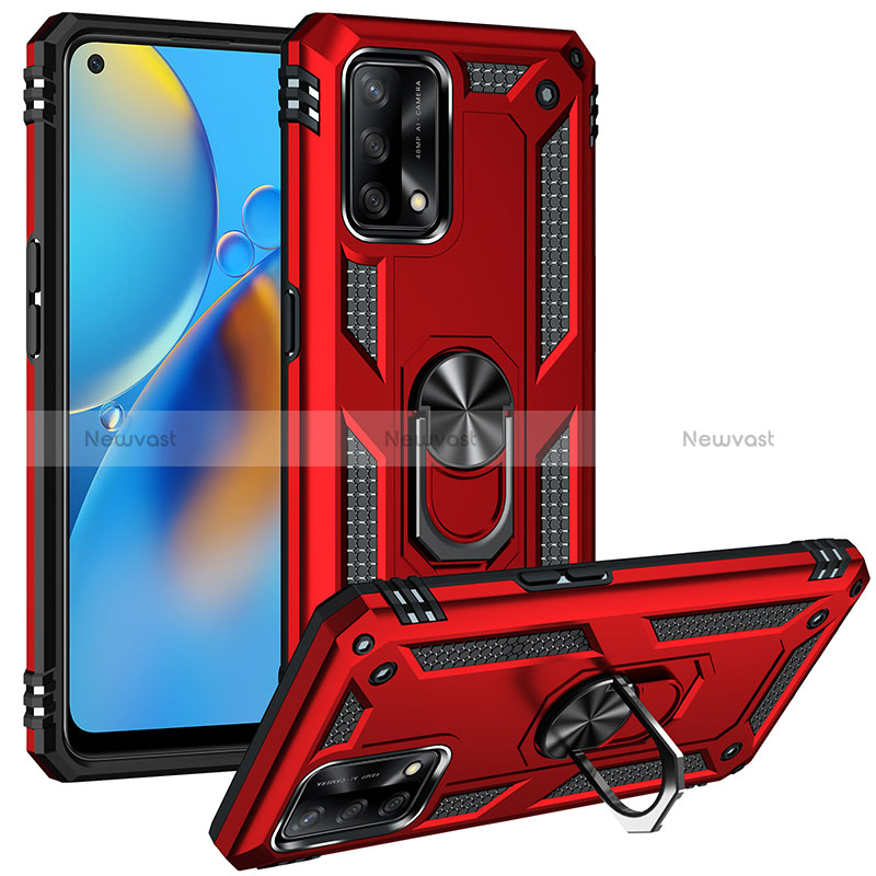 Silicone Matte Finish and Plastic Back Cover Case with Magnetic Finger Ring Stand MQ3 for Oppo F19 Red