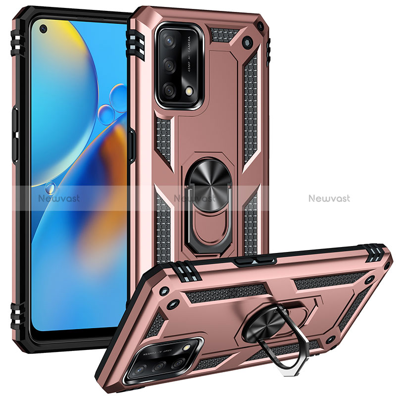 Silicone Matte Finish and Plastic Back Cover Case with Magnetic Finger Ring Stand MQ3 for Oppo F19s Rose Gold