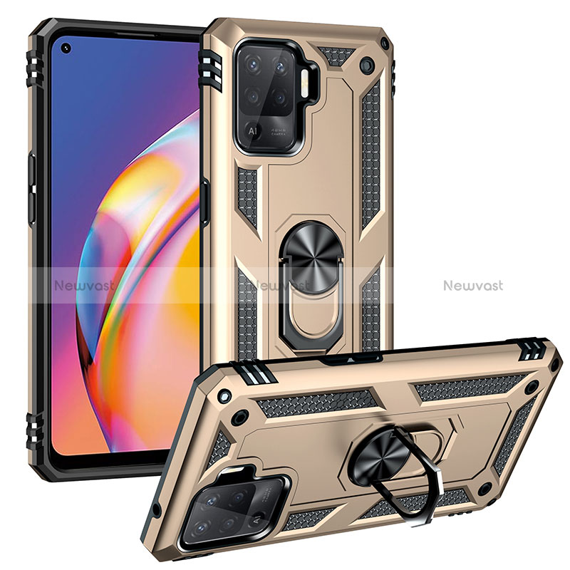 Silicone Matte Finish and Plastic Back Cover Case with Magnetic Finger Ring Stand MQ3 for Oppo Reno5 F Gold