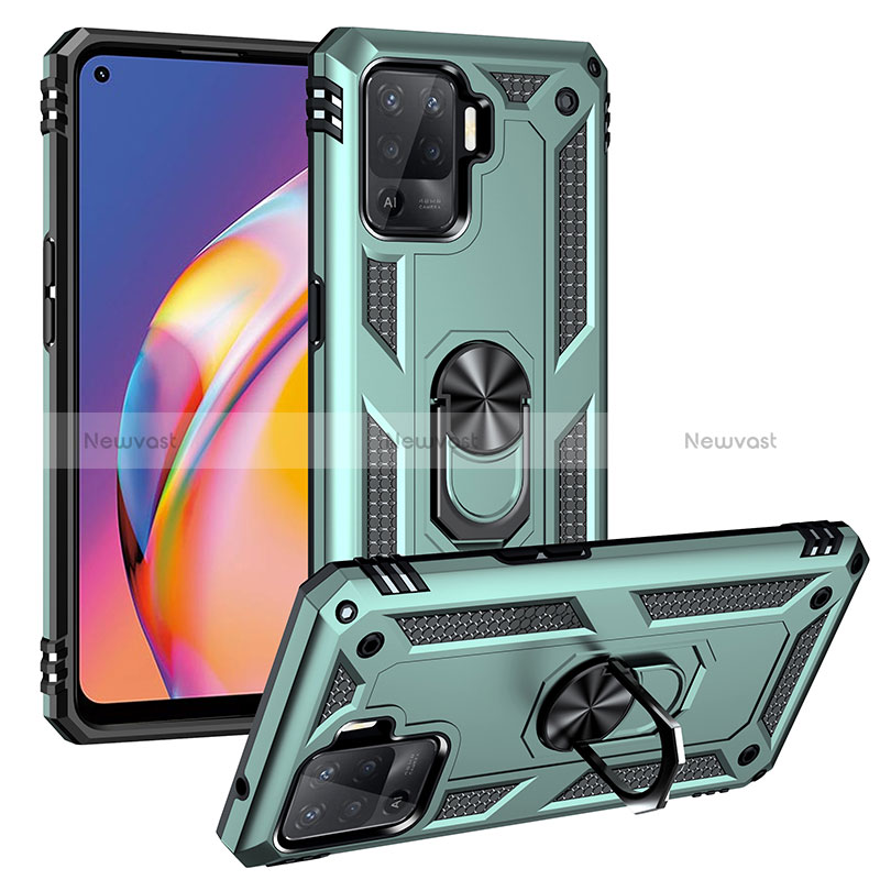 Silicone Matte Finish and Plastic Back Cover Case with Magnetic Finger Ring Stand MQ3 for Oppo Reno5 F Green