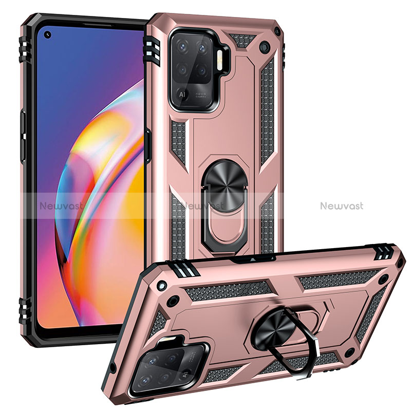 Silicone Matte Finish and Plastic Back Cover Case with Magnetic Finger Ring Stand MQ3 for Oppo Reno5 Lite Rose Gold