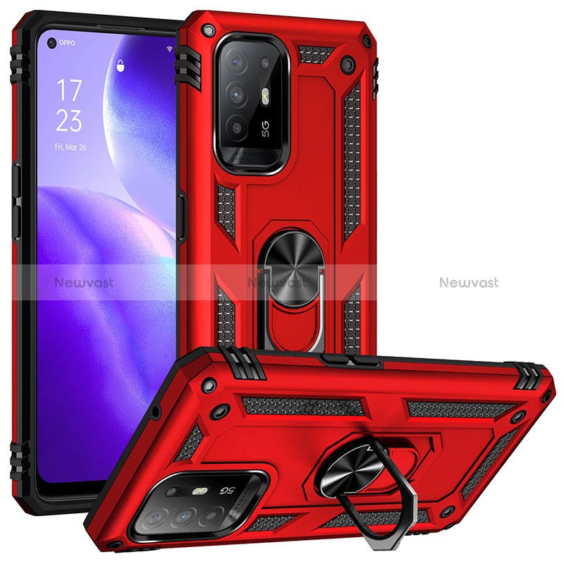 Silicone Matte Finish and Plastic Back Cover Case with Magnetic Finger Ring Stand MQ3 for Oppo Reno5 Z 5G Red